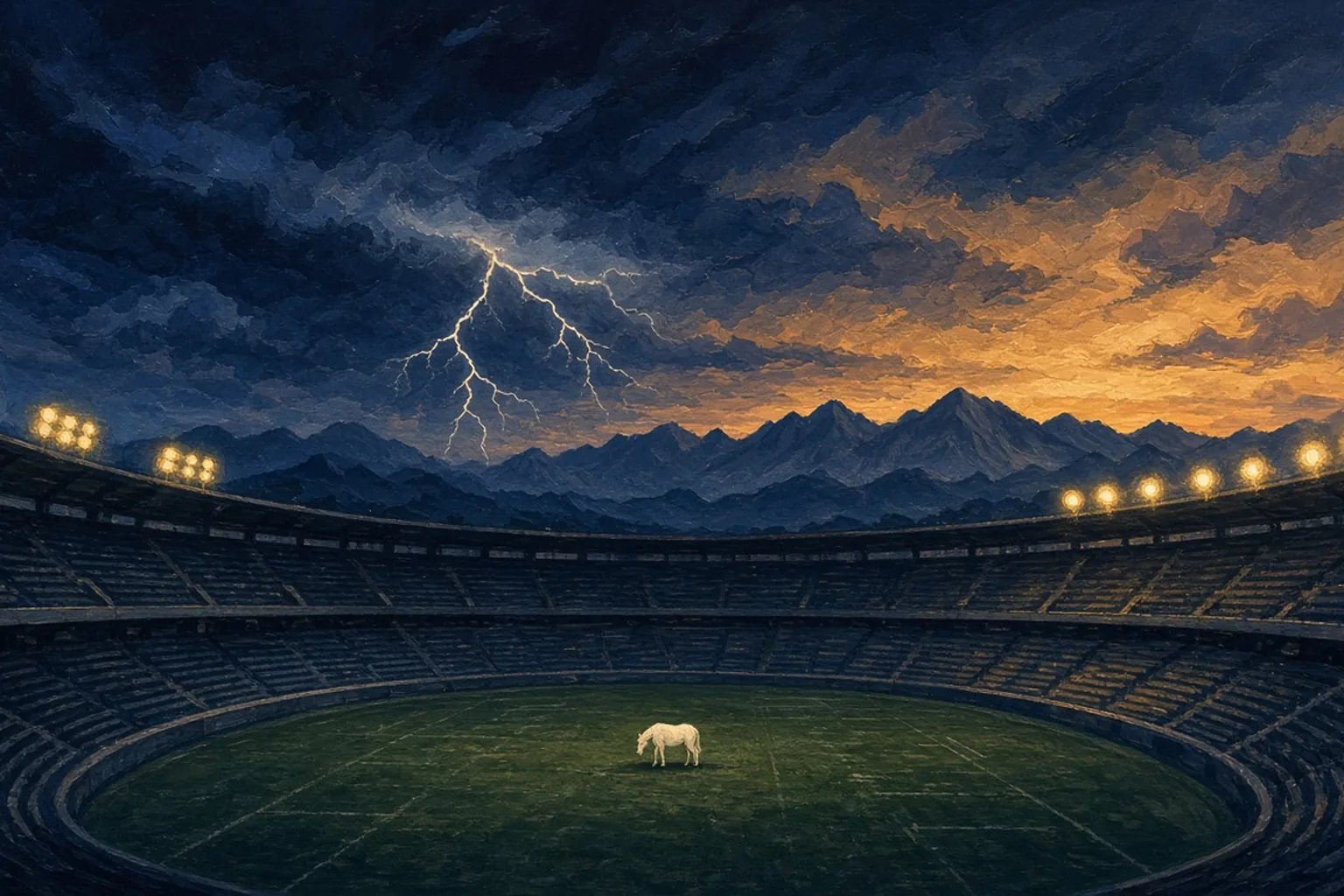 AI-generated editorial illustration: An empty stadium at dusk, lightning over the peaks, a white horse on the field