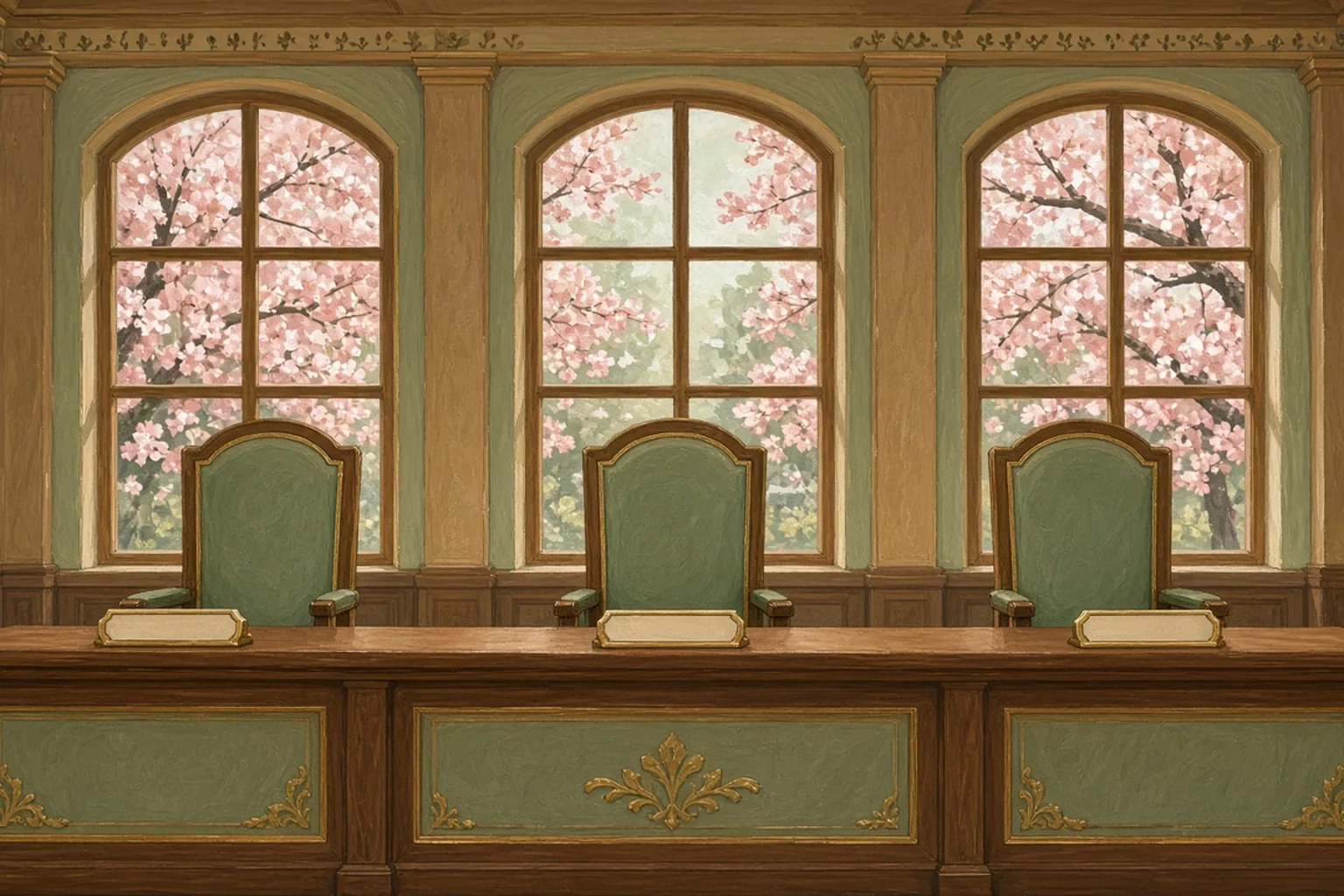 AI-generated editorial illustration: Three empty council chairs behind a dais, cherry blossoms in the windows