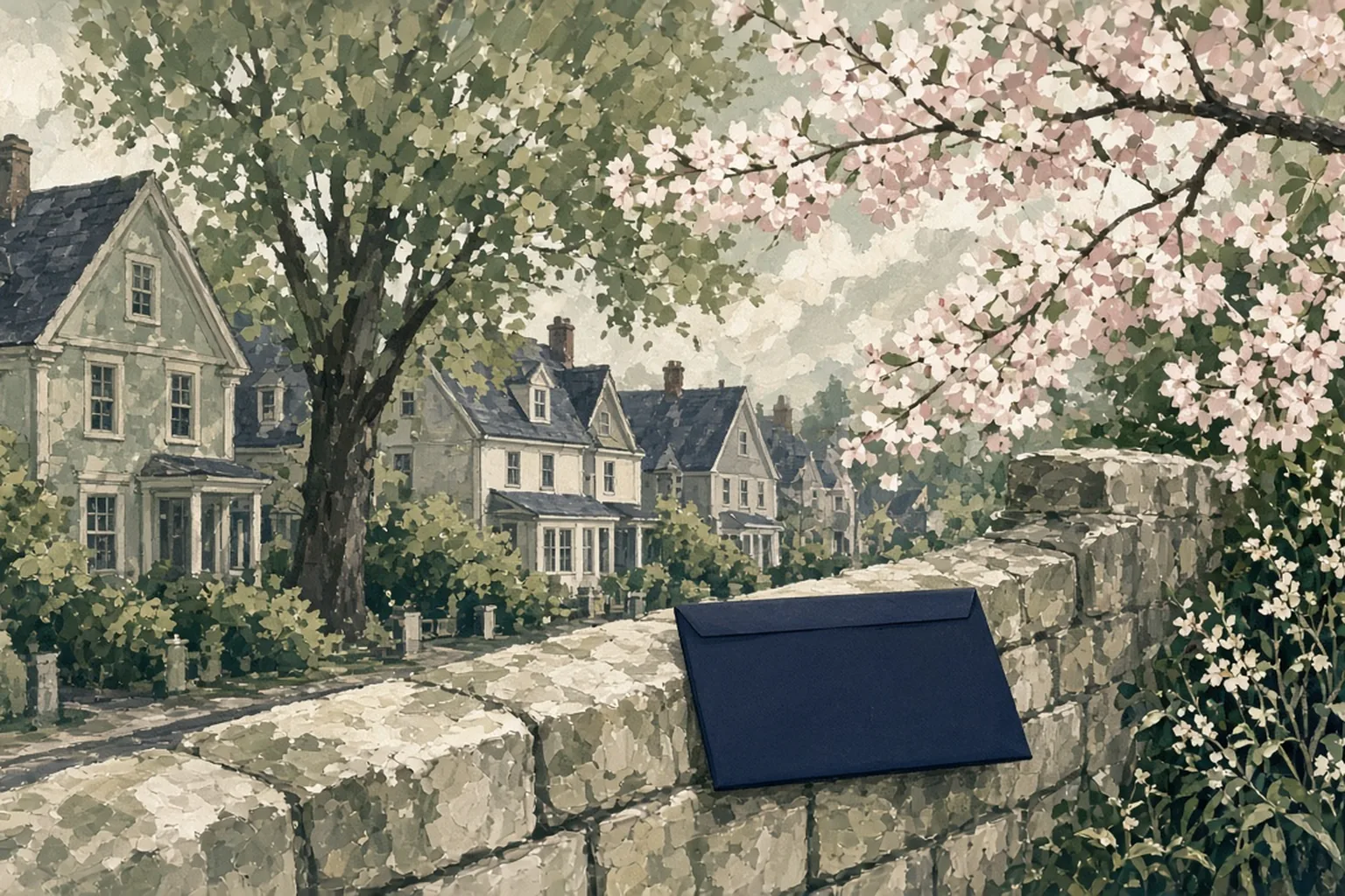 AI-generated editorial illustration: A dark unmarked envelope on a stone wall along a tree-lined village street