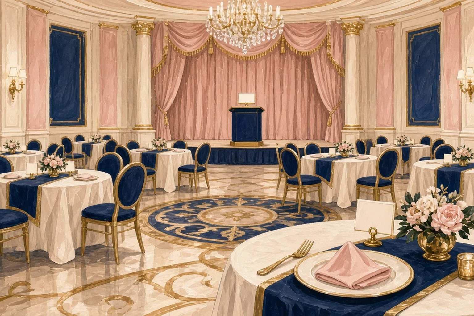 AI-generated editorial illustration: An empty hotel ballroom with set tables, blank place cards, and a vacant lectern