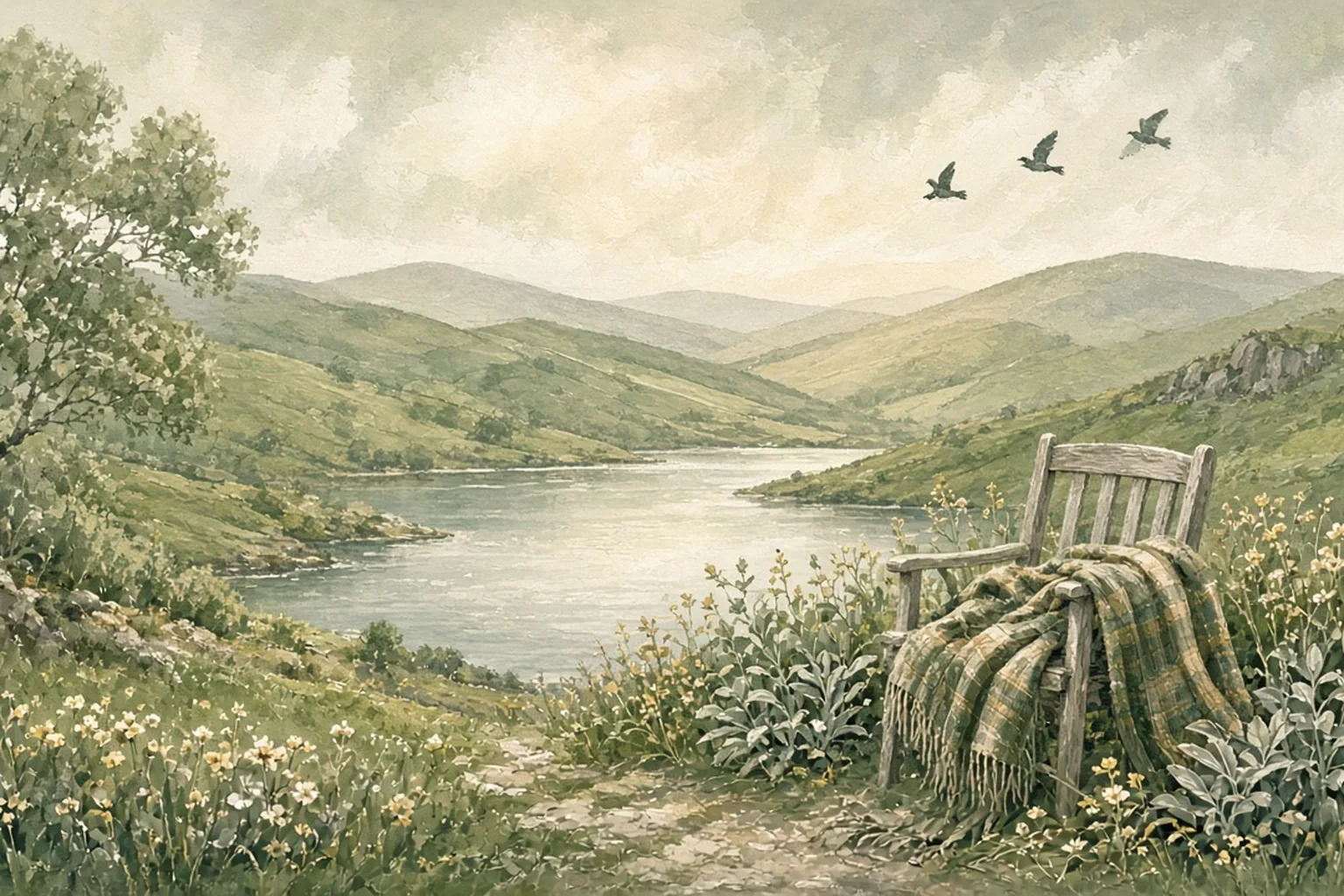 AI-generated editorial illustration: A wooden bench and tartan blanket beside a river valley, with three birds overhead