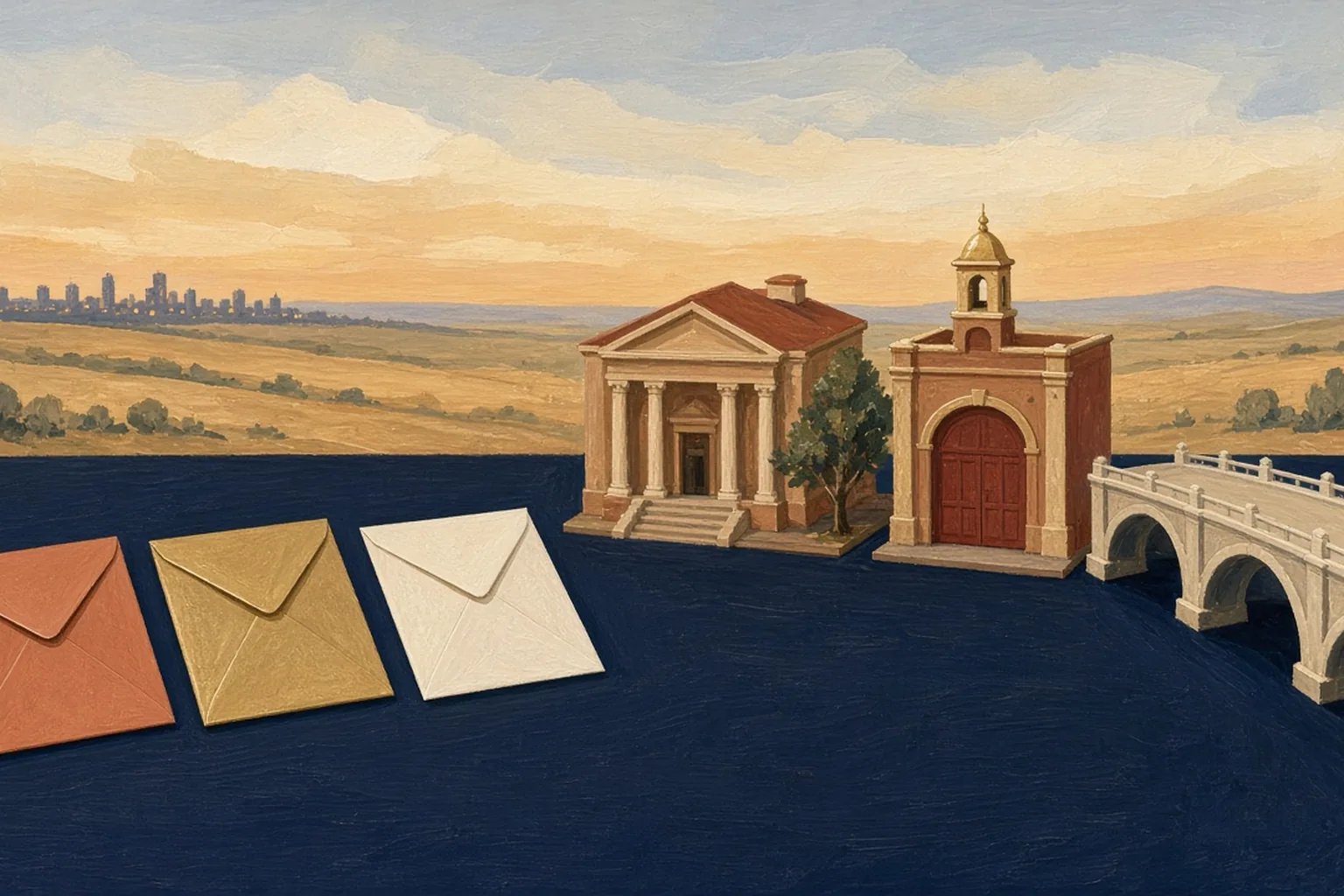 AI-generated editorial illustration: Three unmarked envelopes beside civic buildings and a bridge on a dusk plain
