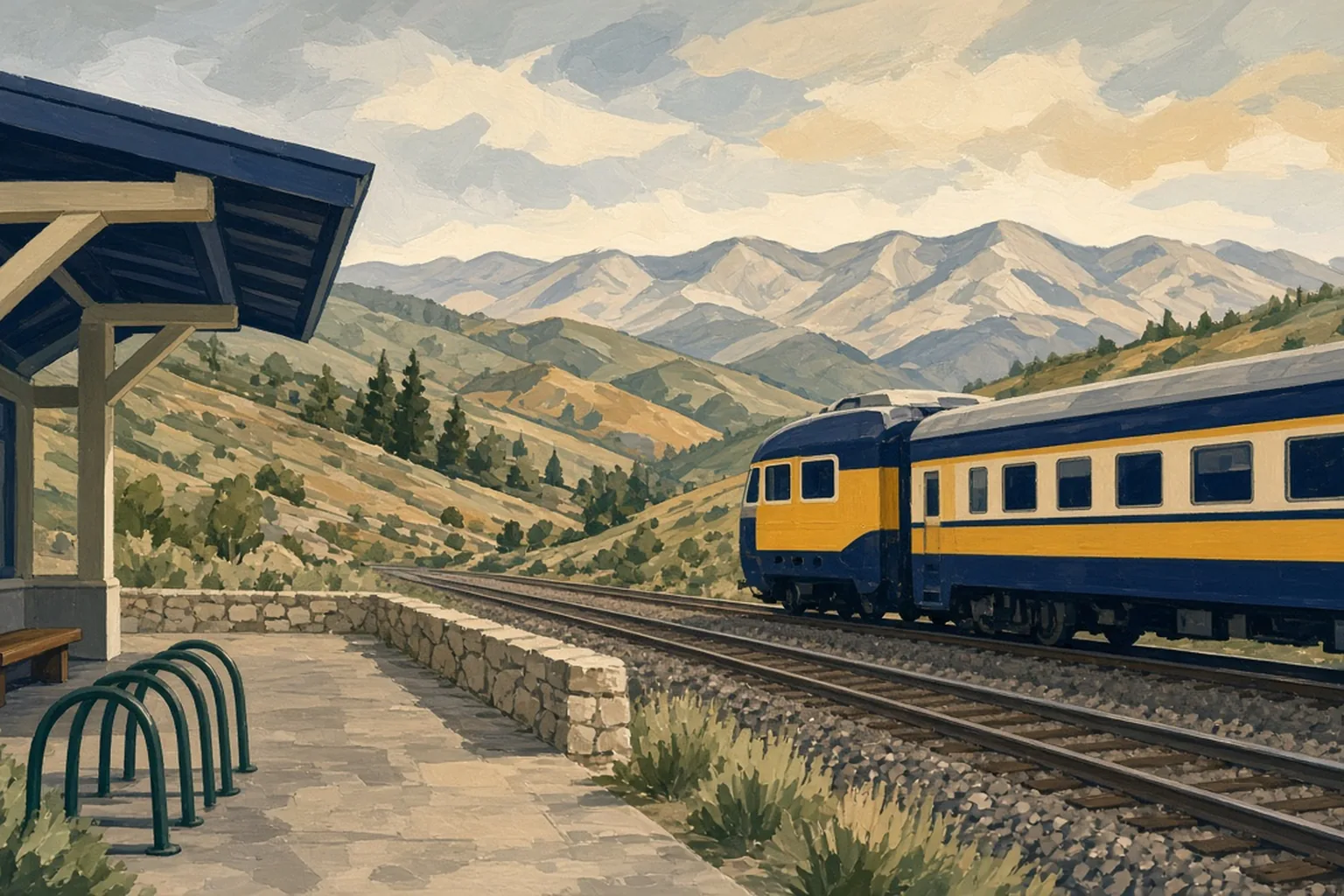 AI-generated editorial illustration: An unmarked passenger train at an empty Front Range platform with bike racks and peaks