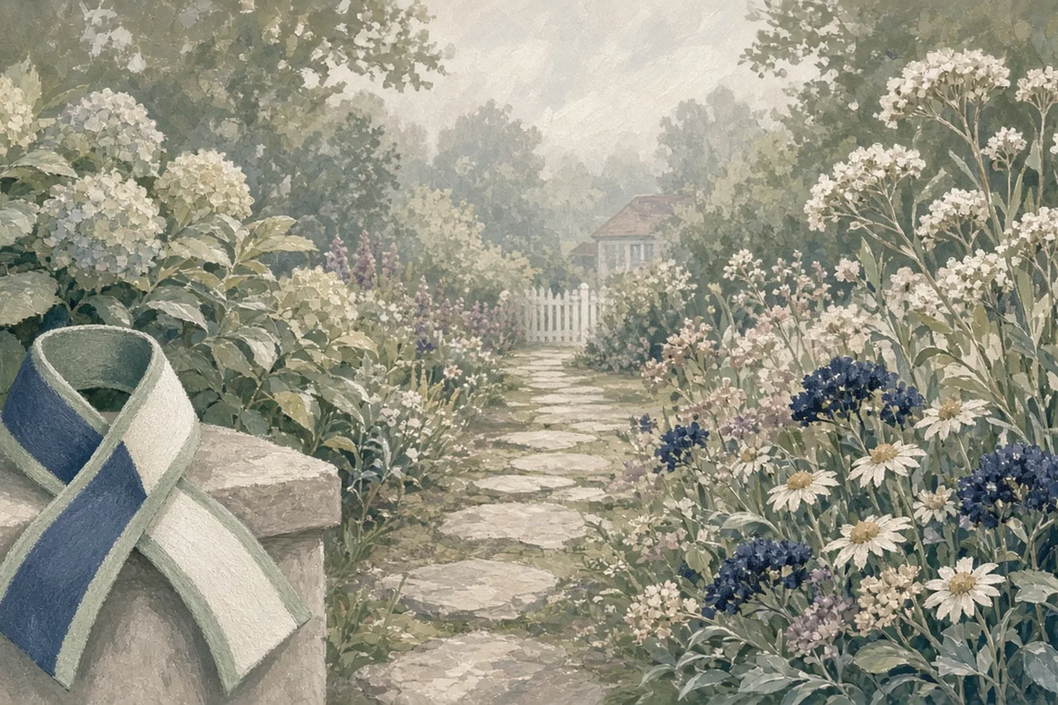 AI-generated editorial illustration: A garden path, white picket fence, and a folded ribbon on a stone wall