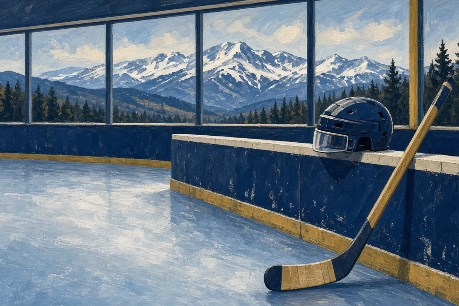 AI-generated editorial illustration: An empty rink with a helmet and stick on the boards and snowy peaks through windows
