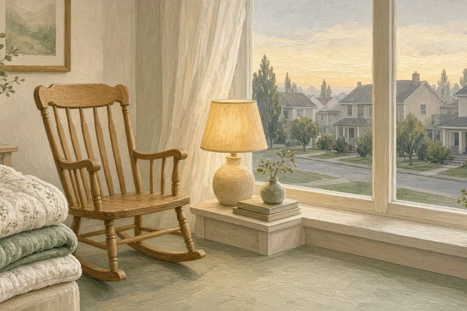 AI-generated editorial illustration: An empty rocking chair, folded blankets, and a lamp by a window onto a quiet street