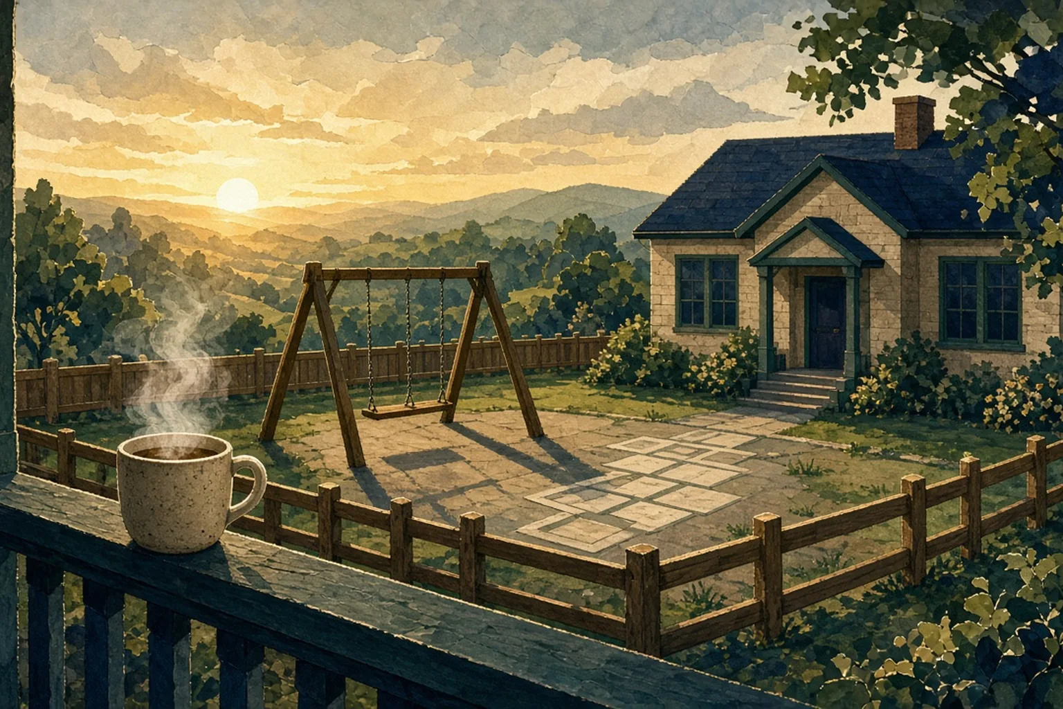 AI-generated editorial illustration: A fenced playground and empty swing at sunrise, with a steaming coffee mug on a porch rail