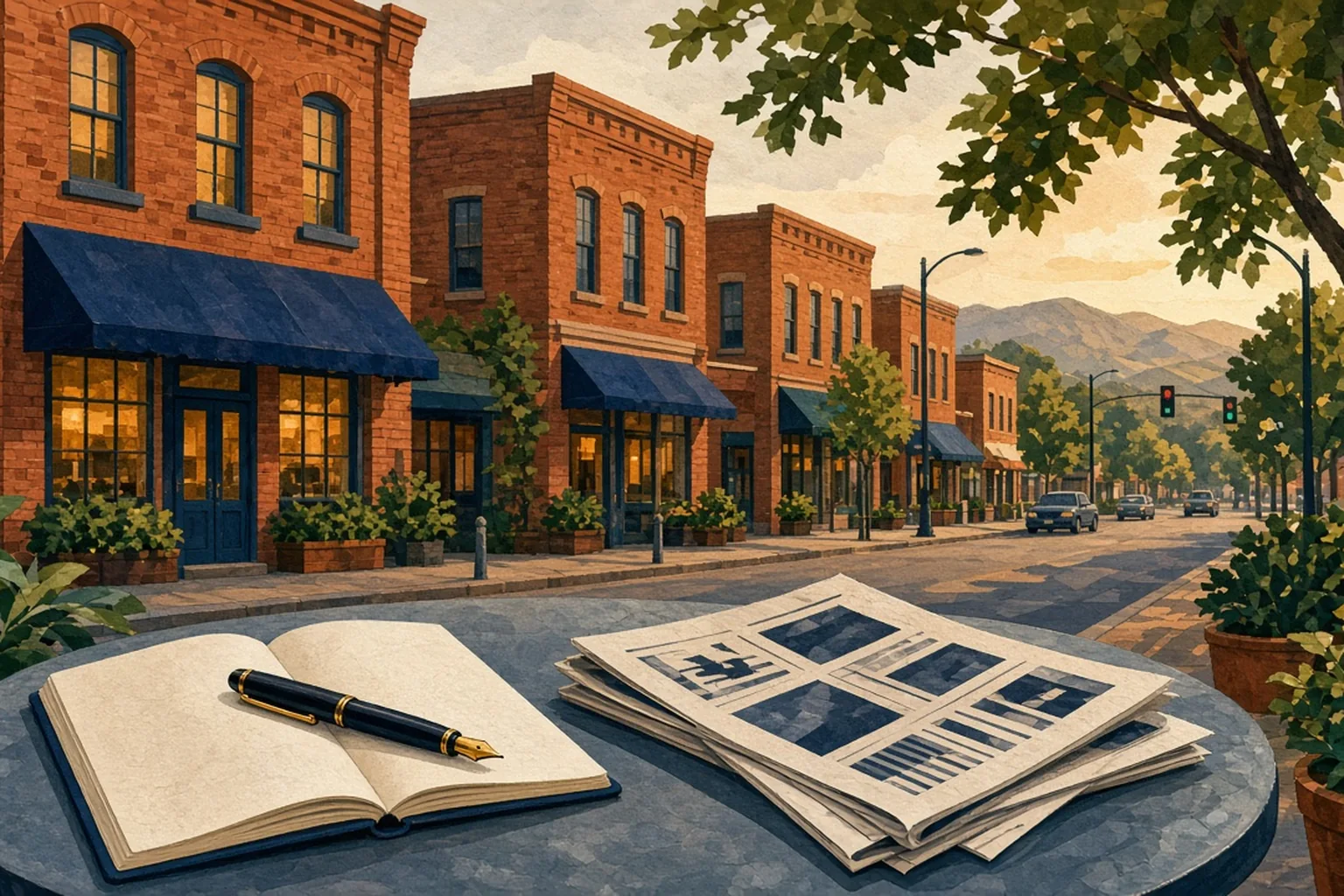 AI-generated editorial illustration: A reporter notebook on a cafe table facing a brick South Metro main street at dusk