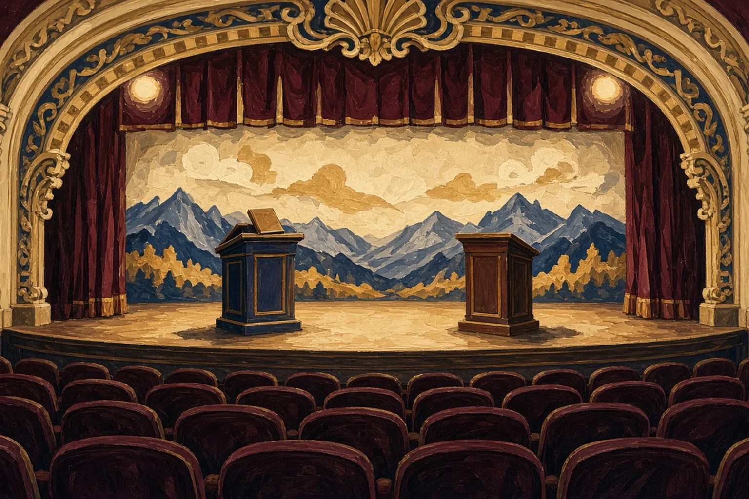 AI-generated editorial illustration: Two empty lecterns on a performing-arts stage with vacant theater seats in the foreground