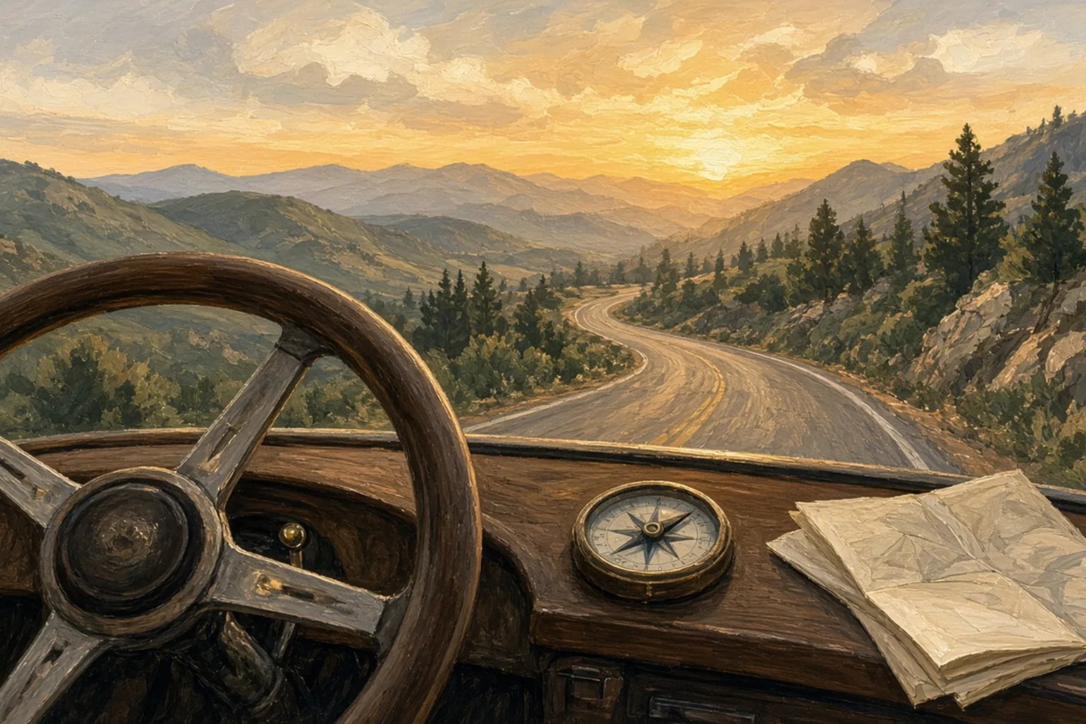 AI-generated editorial illustration: A vintage car dashboard looking toward a winding mountain road, with a compass on the dash