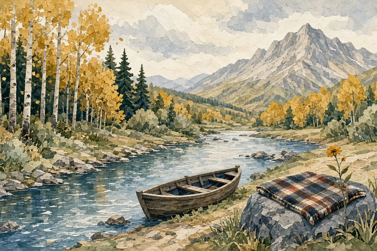 AI-generated editorial illustration: A river through aspen groves toward a mountain, with a rowboat and folded blanket on the bank