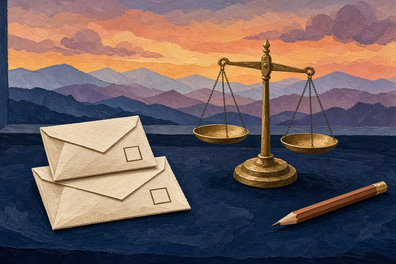 AI-generated editorial illustration: Two unmarked ballot envelopes beside a brass balance scale and pencil at dusk