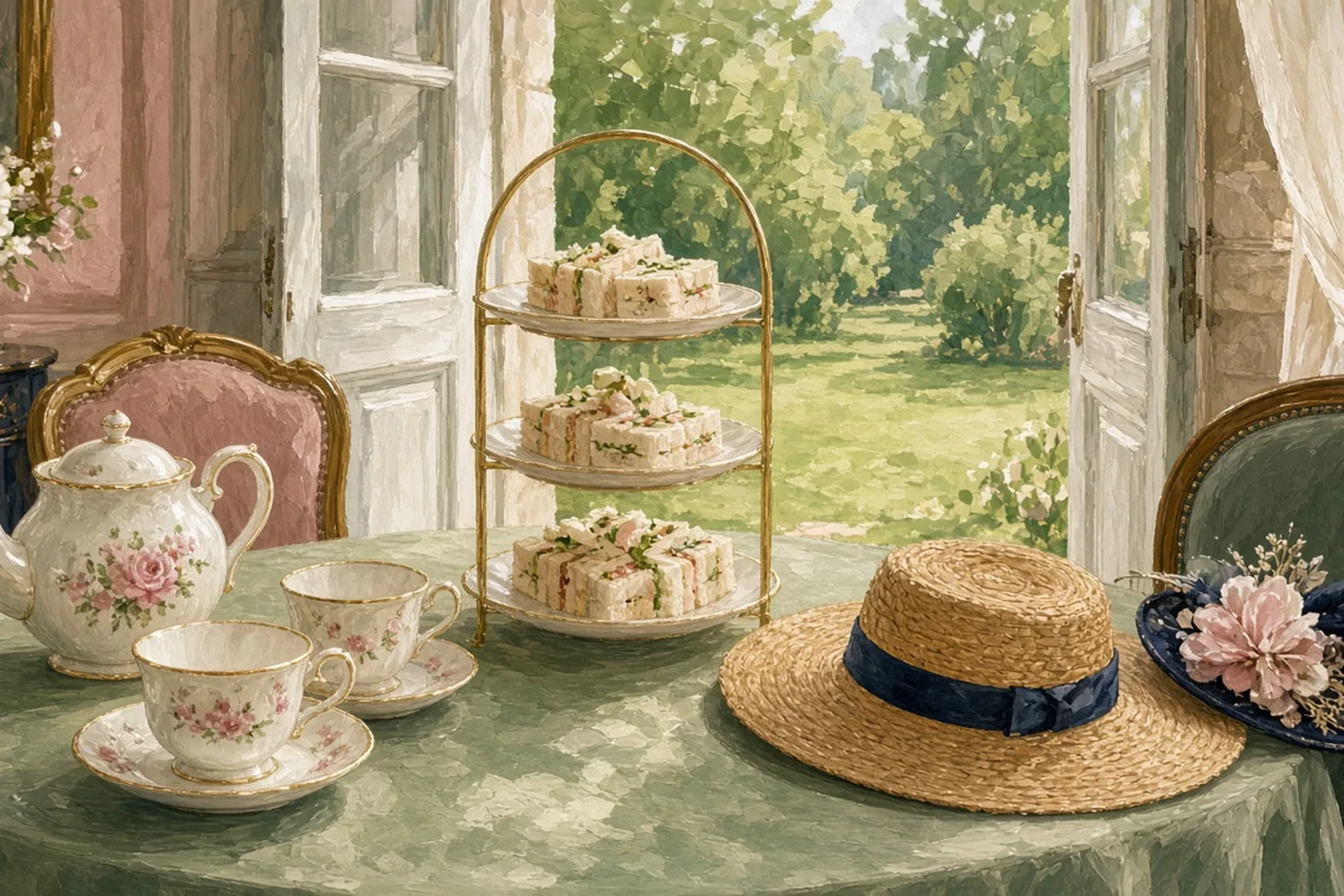 AI-generated editorial illustration: A garden tea table with china, sandwiches, and hats, doors open to a green lawn