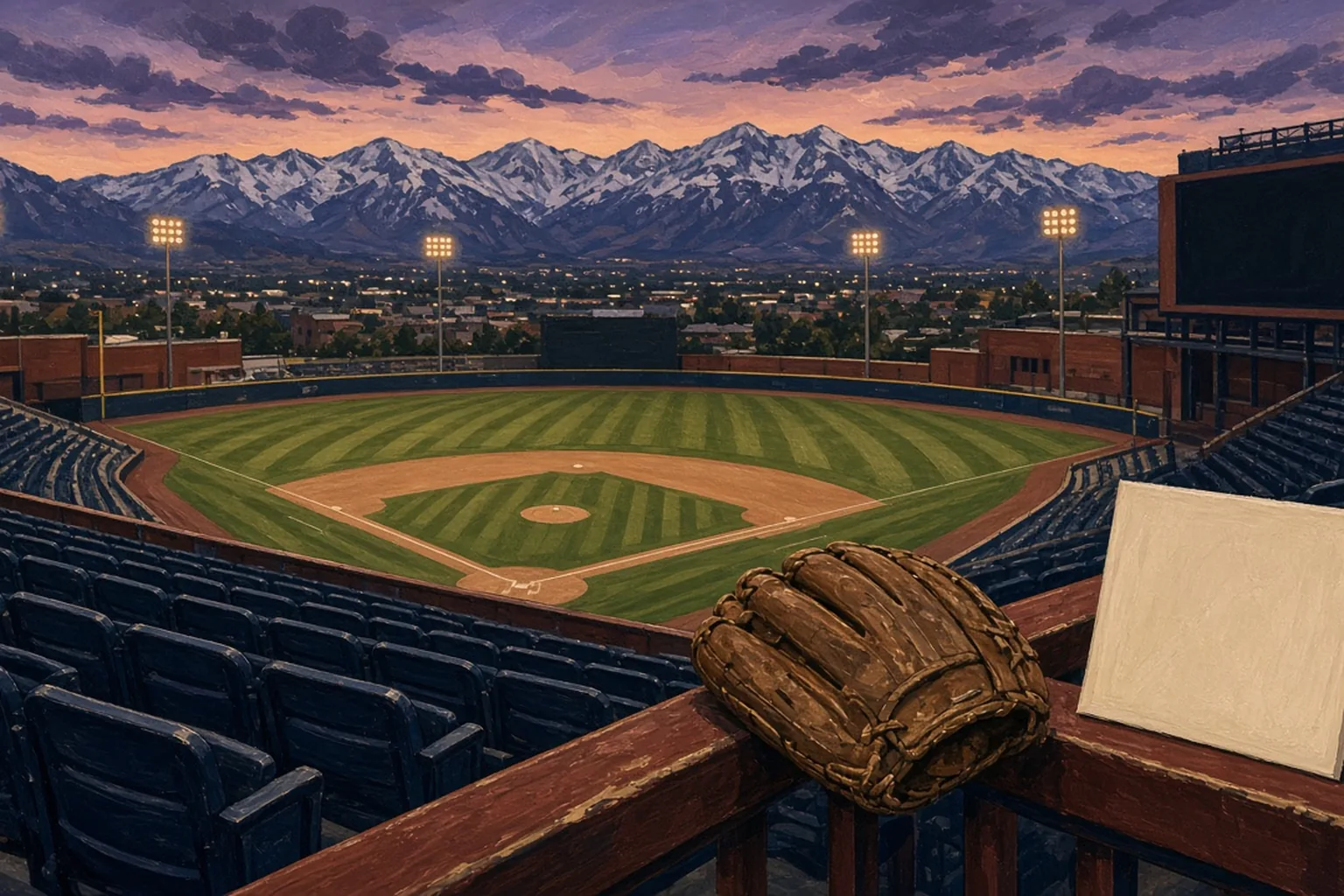 AI-generated editorial illustration: Empty ballpark seats at evening, a baseball glove on the rail, and distant snowy peaks