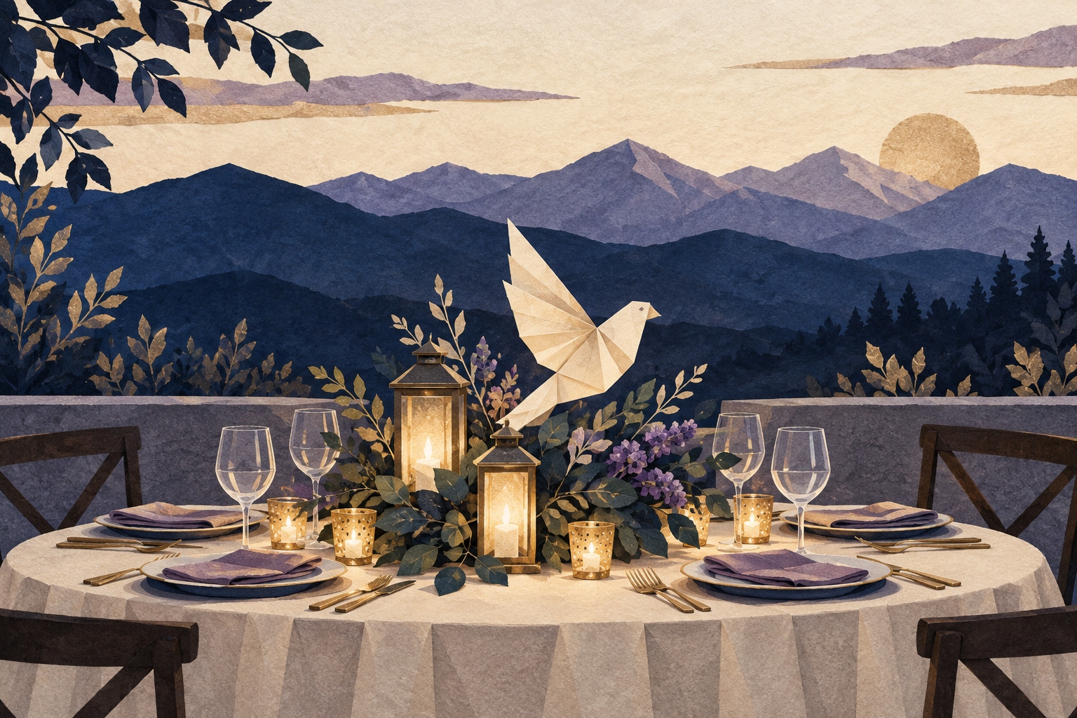 AI-generated editorial illustration: an empty dinner table with lanterns and a paper dove, with abstract Colorado foothills