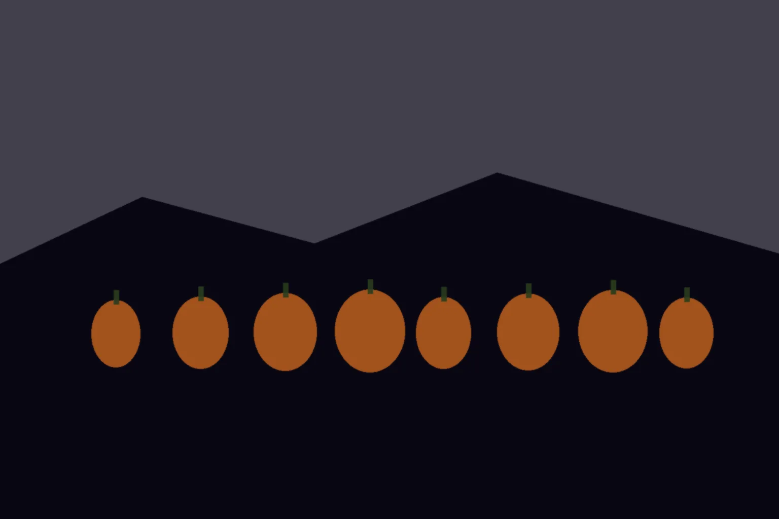 AI-generated editorial illustration: Carved pumpkins glowing along an empty garden path at dusk, no people